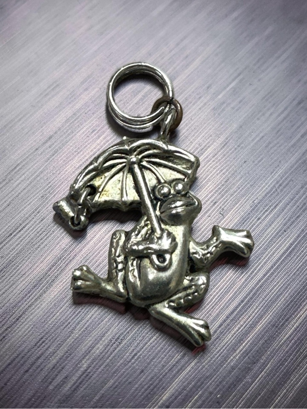 Silver Tone Frog Pendant Charm with Umbrella